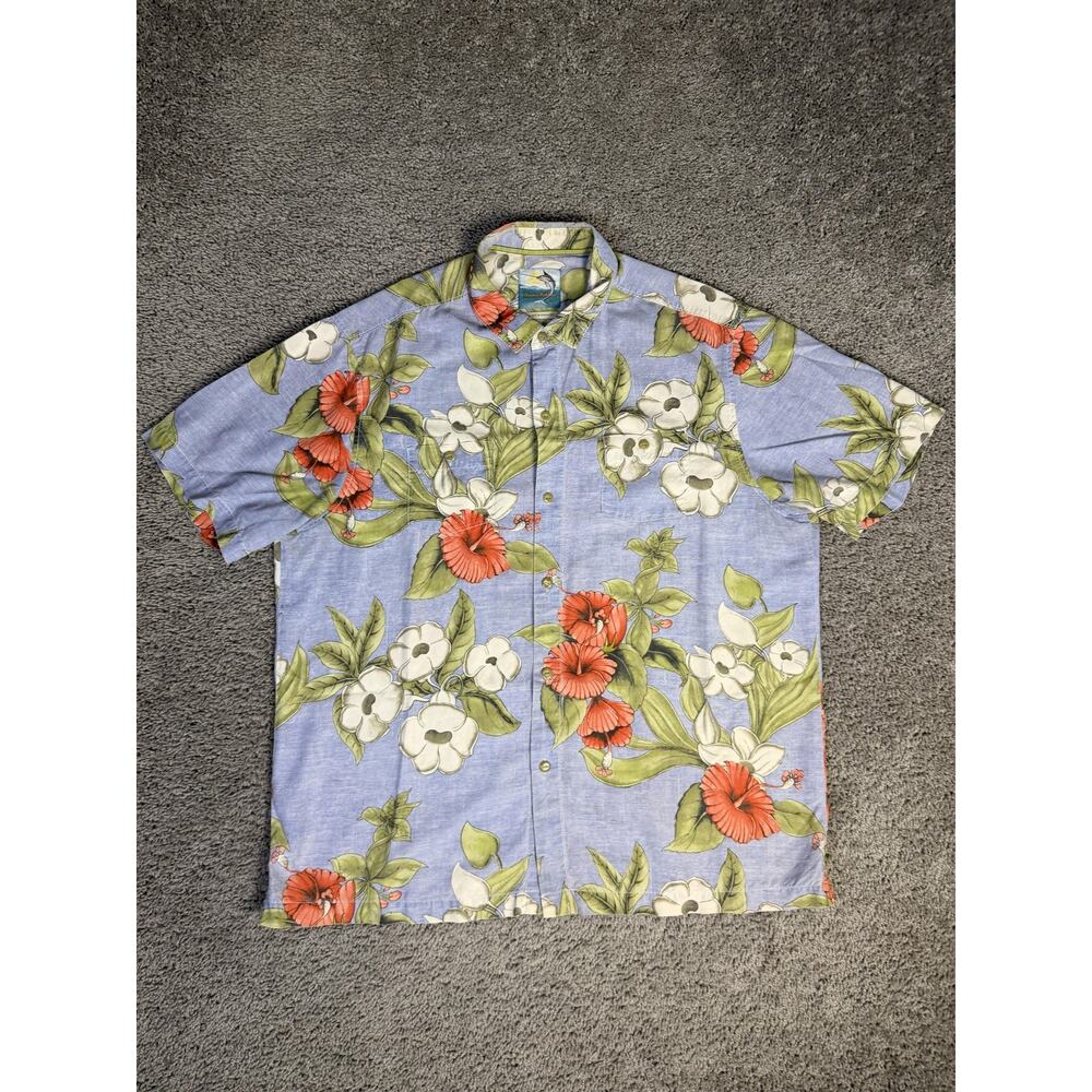 Tommy Bahama Shirt Mens XL Blue Floral Short Sleeve Button Up Island Fit Silk